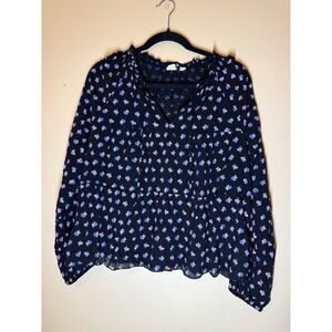 GAP Black Floral Print Ruffle Neck Tie Front Long Sleeve Blouse Top XL